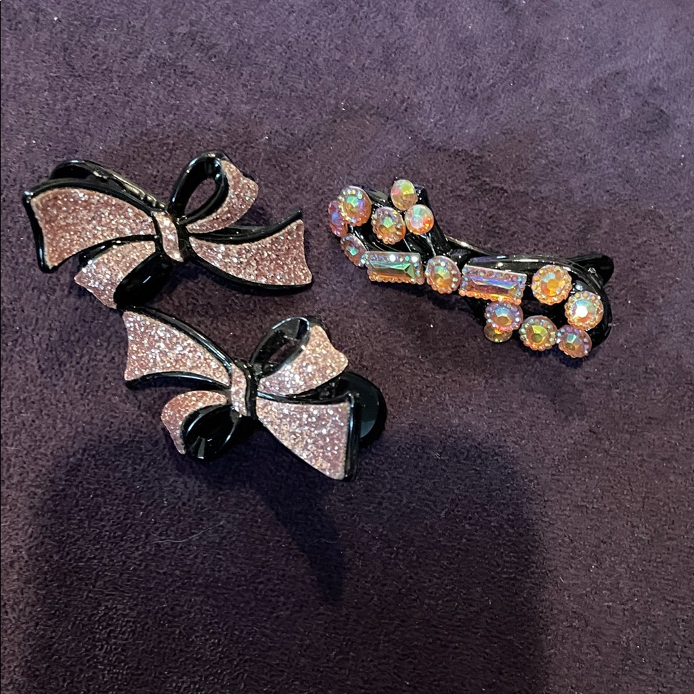 Glitter Bow and Gem Hair Clips - 2 Pink/rose gold and 1 Black.